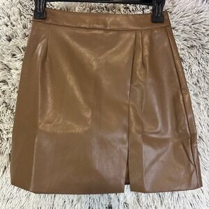 Pink Lily Brown Caramel Faux Leather Mini Skirt Front Slit A-line‎ Short Size XS
